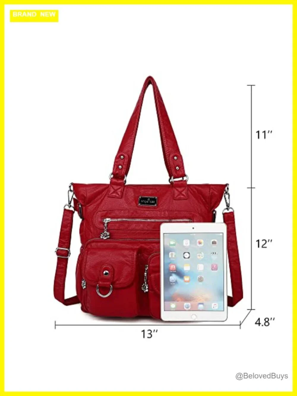Large PU Leather Satchel Handbag with Adjustable Strap, 7 Pockets, Zipper